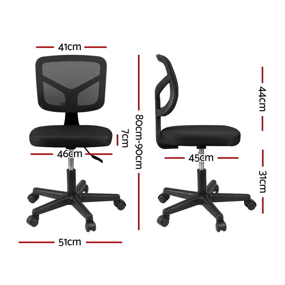 Black armless office chair with breathable mesh back and rolling castors for small workspaces — view 2