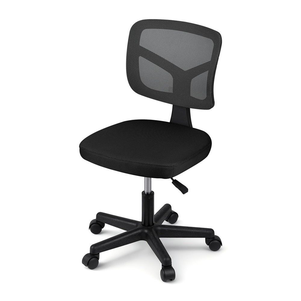 Black armless office chair with breathable mesh back and rolling castors for small workspaces — view 3