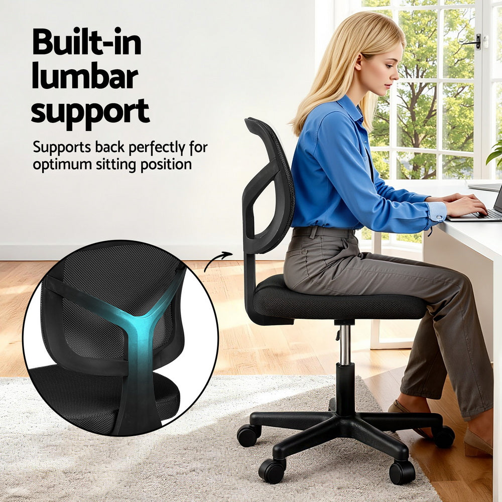 Black armless office chair with breathable mesh back and rolling castors for small workspaces — view 5