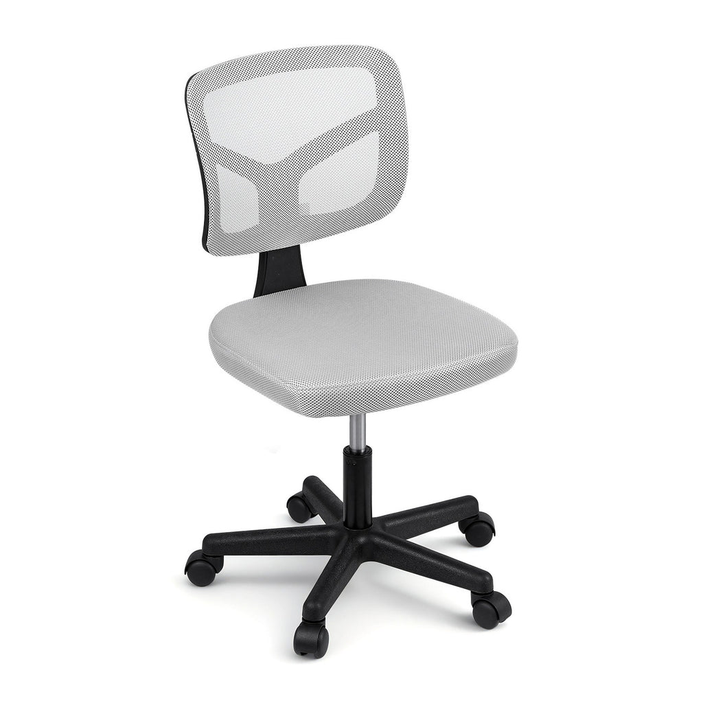 Grey ergonomic armless office chair with breathable mesh back, rolling castors, and sturdy metal base.