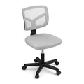 Grey ergonomic armless office chair with breathable mesh back, rolling castors, and sturdy metal base.