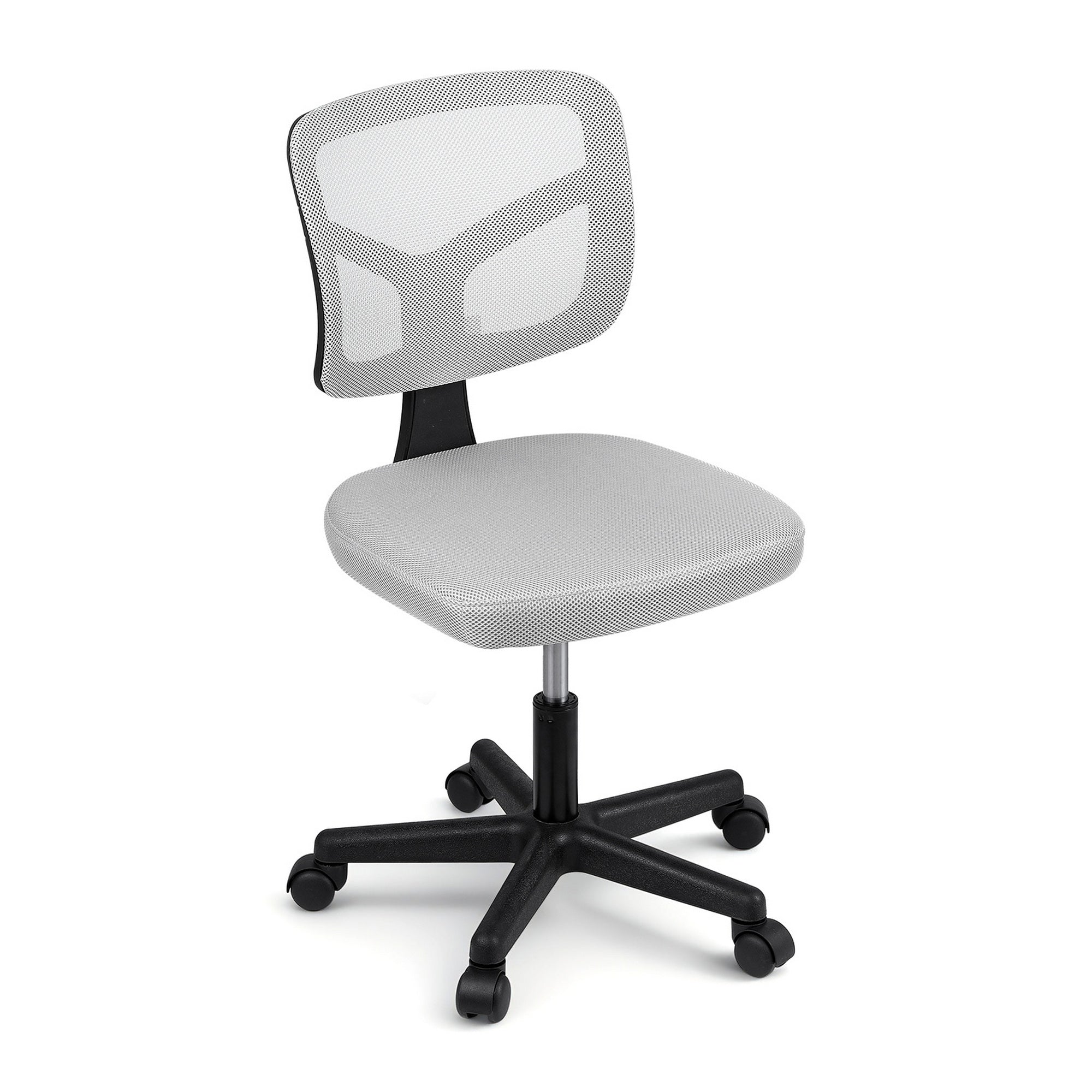 Grey ergonomic armless office chair with breathable mesh back, rolling castors, and sturdy metal base.