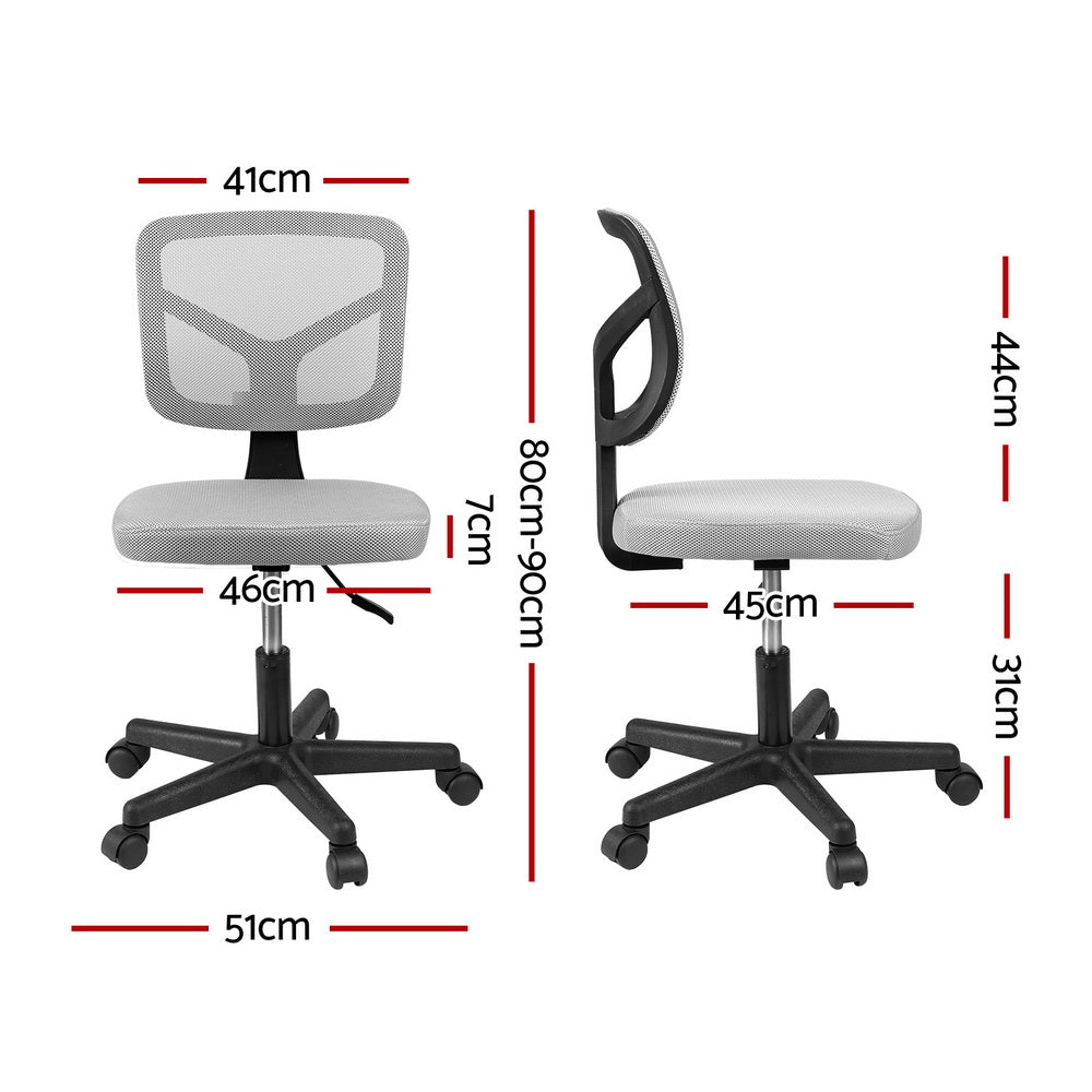 Grey ergonomic armless office chair with breathable mesh back, rolling castors, and sturdy metal base. — view 2