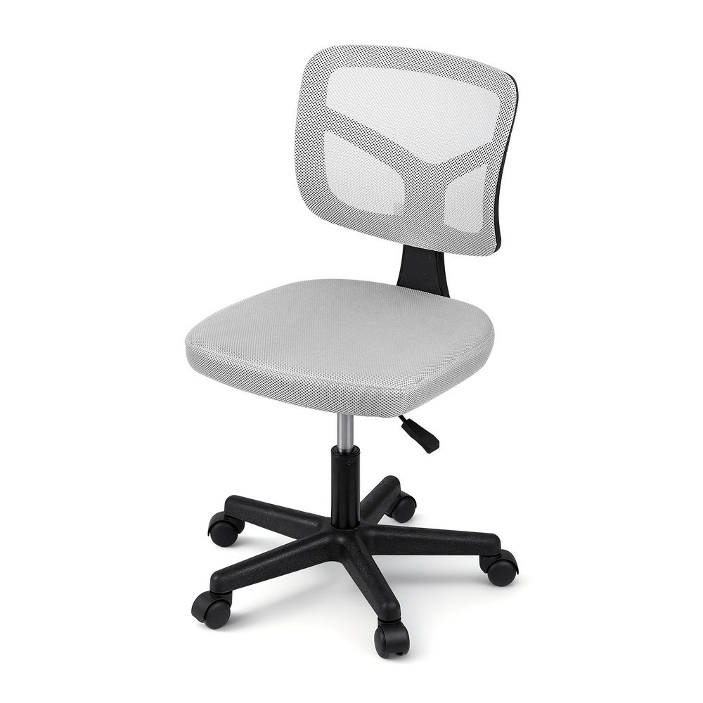 Grey ergonomic armless office chair with breathable mesh back, rolling castors, and sturdy metal base. — view 3