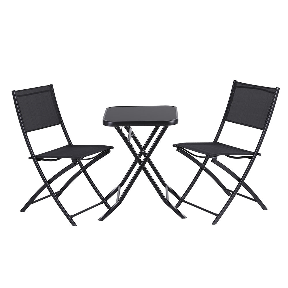 Black Gardeon outdoor folding bistro set with two textilene chairs and tempered glass steel table
