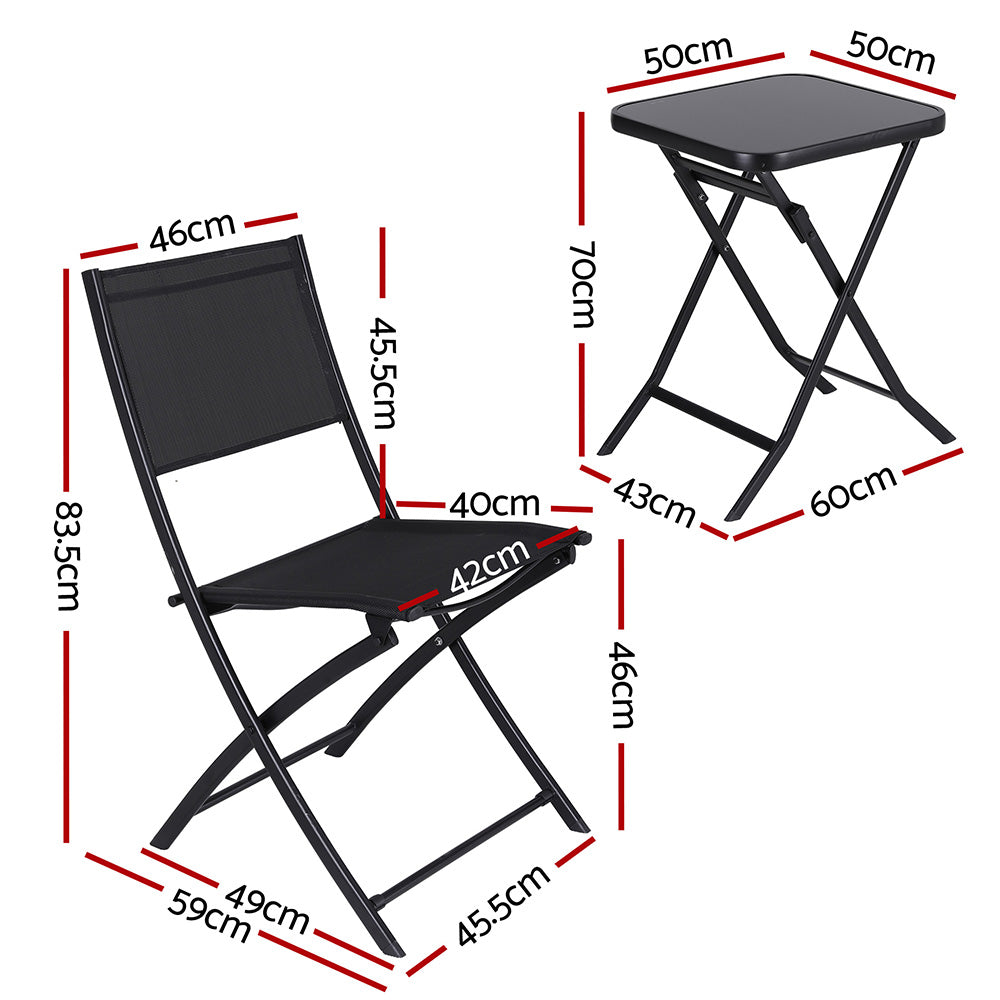 Black Gardeon outdoor folding bistro set with two textilene chairs and tempered glass steel table — view 2