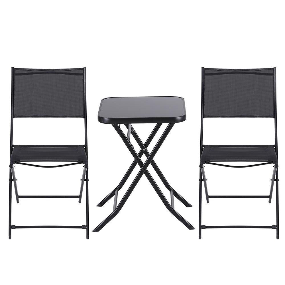 Black Gardeon outdoor folding bistro set with two textilene chairs and tempered glass steel table — view 3