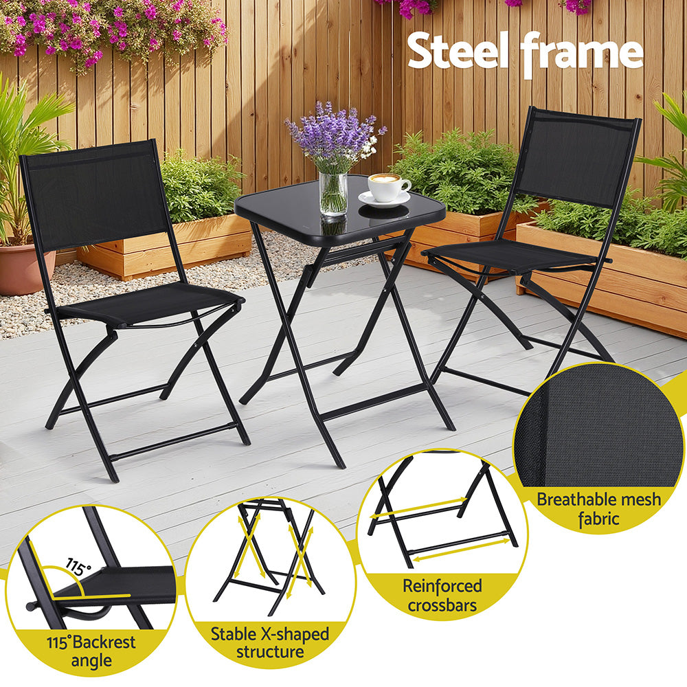 Black Gardeon outdoor folding bistro set with two textilene chairs and tempered glass steel table — view 4