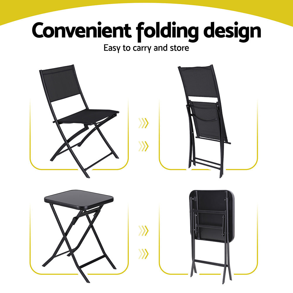 Black Gardeon outdoor folding bistro set with two textilene chairs and tempered glass steel table — view 5