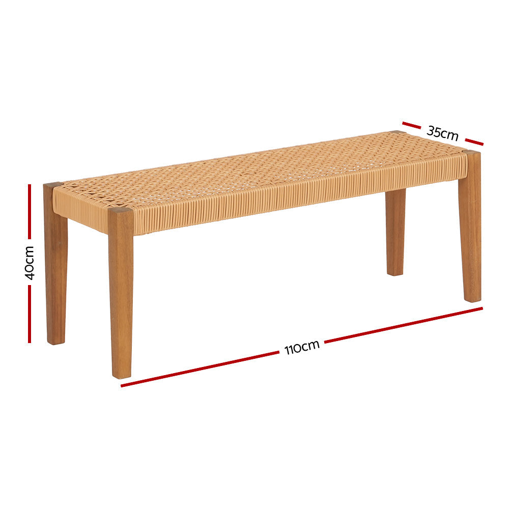 Natural wood outdoor garden bench with woven PE wicker seat for patio seating — view 2