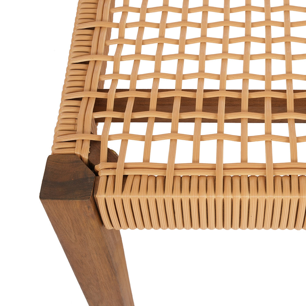 Natural wood outdoor garden bench with woven PE wicker seat for patio seating — view 3