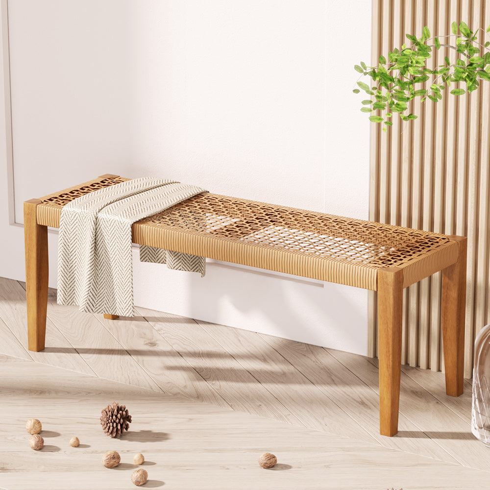 Natural wood outdoor garden bench with woven PE wicker seat for patio seating