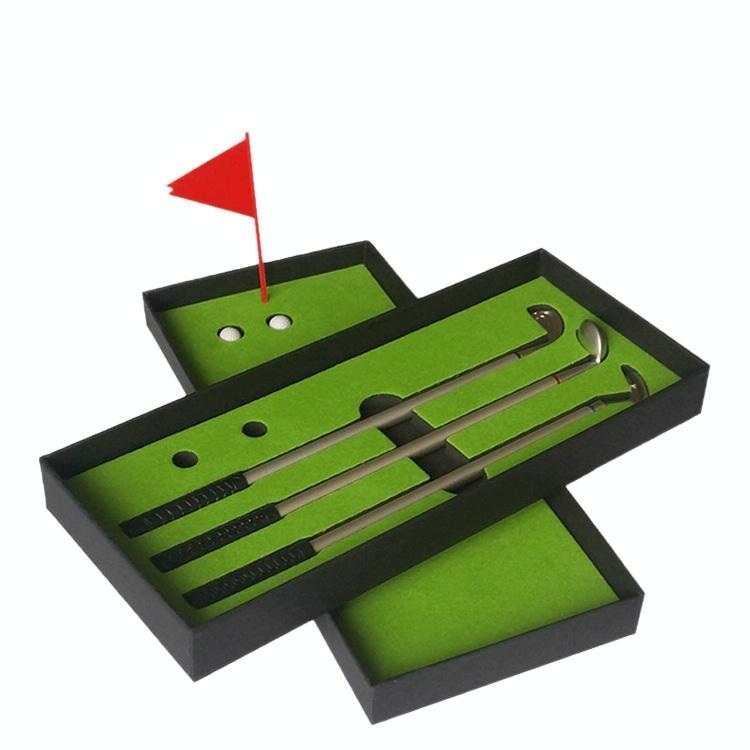 Miniature desktop golf putting mat set with metal golf club pens and small golf balls — view 3