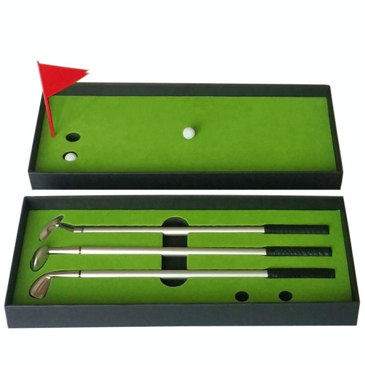 Miniature desktop golf putting mat set with metal golf club pens and small golf balls — view 5