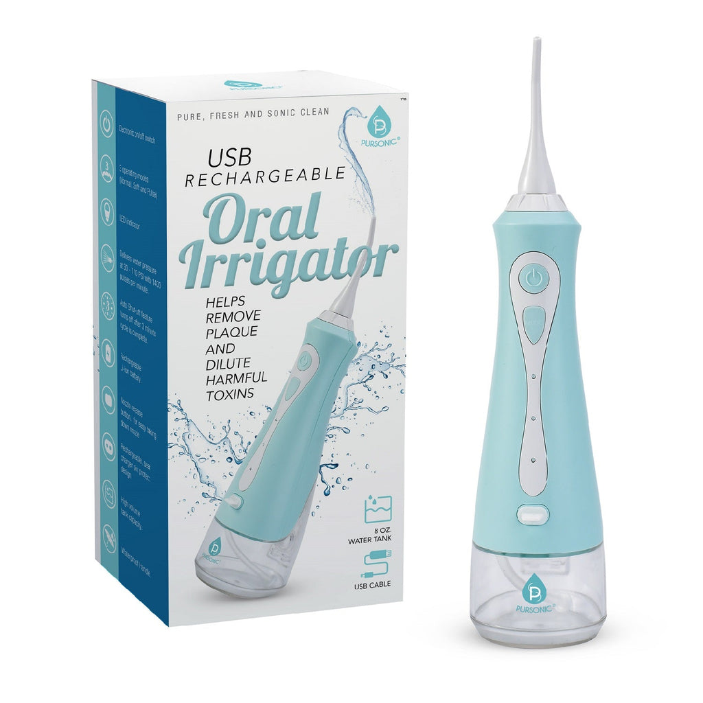 Portable USB rechargeable oral irrigator with ergonomic handle and rotating nozzle for deep teeth cleaning