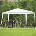 White 10x10 outdoor wedding canopy tent set up in a backyard with steel framework