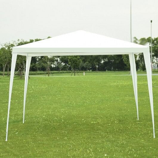 White 10x10 outdoor wedding canopy tent set up in a backyard with steel framework — view 3