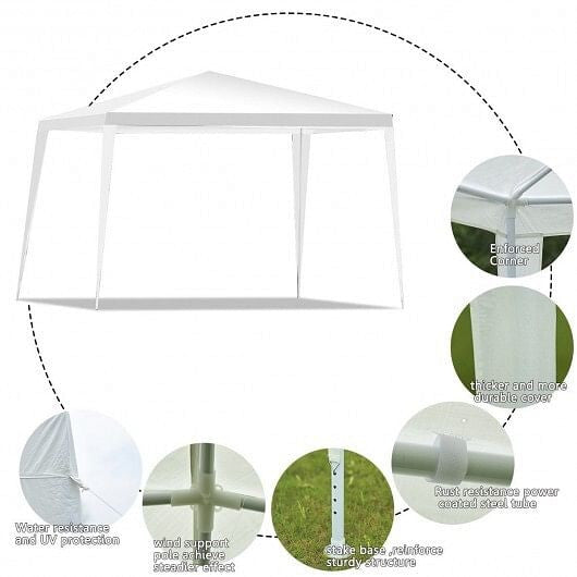 White 10x10 outdoor wedding canopy tent set up in a backyard with steel framework — view 5