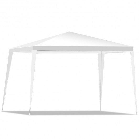 White 10x10 outdoor wedding canopy tent set up in a backyard with steel framework — view 6