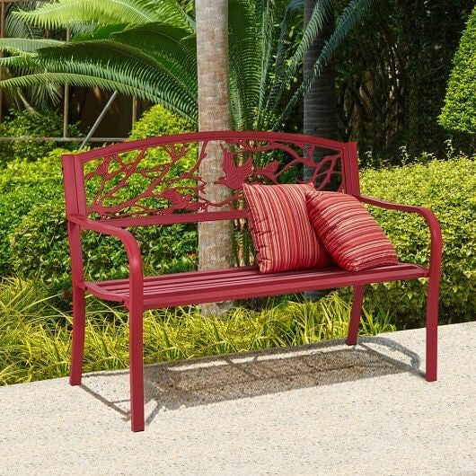 Modern patio garden bench with solid steel frame, cast iron backrest, and ergonomic armrests — view 6