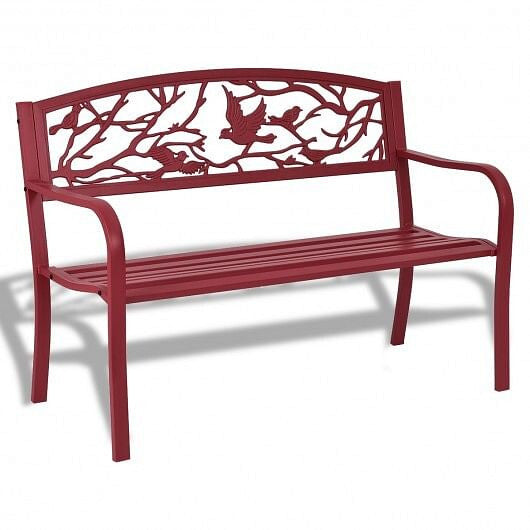 Modern patio garden bench with solid steel frame, cast iron backrest, and ergonomic armrests