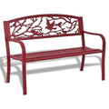 Modern patio garden bench with solid steel frame, cast iron backrest, and ergonomic armrests