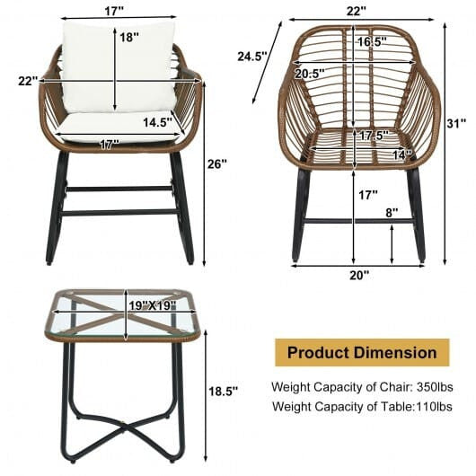 White 3-piece patio rattan bistro set with two cushioned armchairs and a square glass side table — view 2