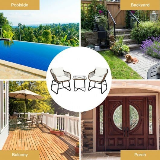 White 3-piece patio rattan bistro set with two cushioned armchairs and a square glass side table — view 3