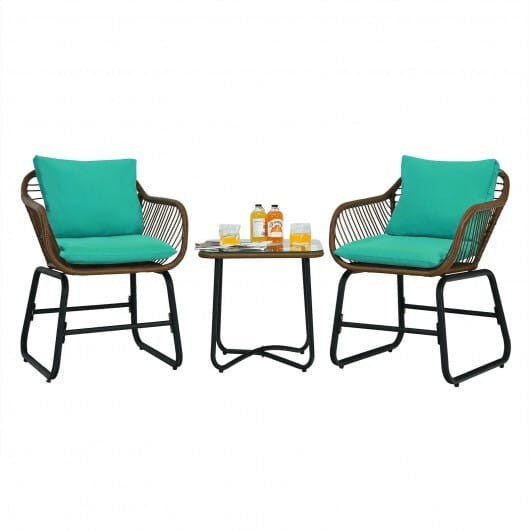 White 3-piece patio rattan bistro set with two cushioned armchairs and a square glass side table — view 4
