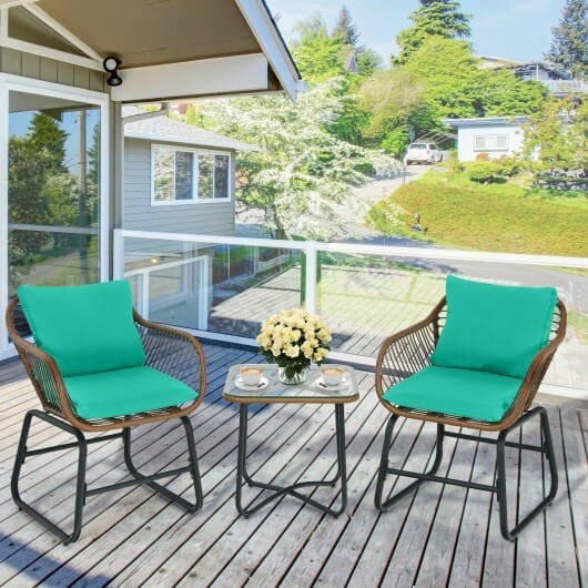 White 3-piece patio rattan bistro set with two cushioned armchairs and a square glass side table — view 5