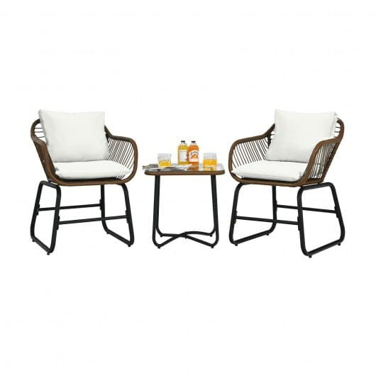 White 3-piece patio rattan bistro set with two cushioned armchairs and a square glass side table — view 6