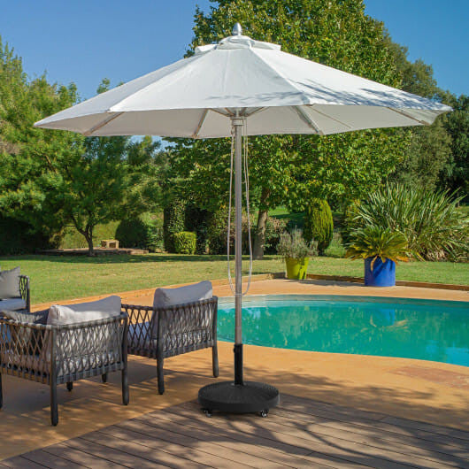 Wicker style resin patio umbrella base stand with steel tube and lockable wheels