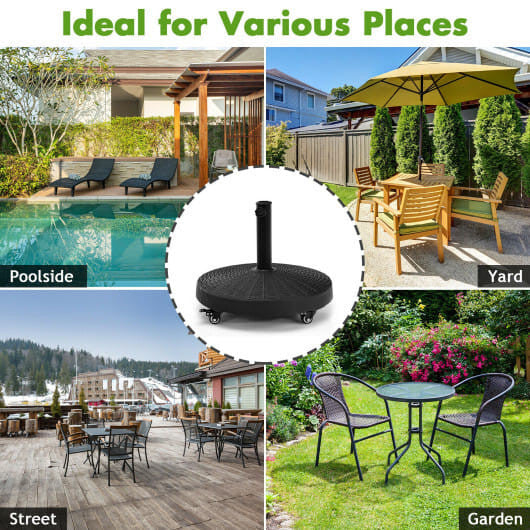 Wicker style resin patio umbrella base stand with steel tube and lockable wheels — view 2