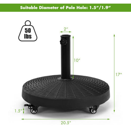Wicker style resin patio umbrella base stand with steel tube and lockable wheels — view 3