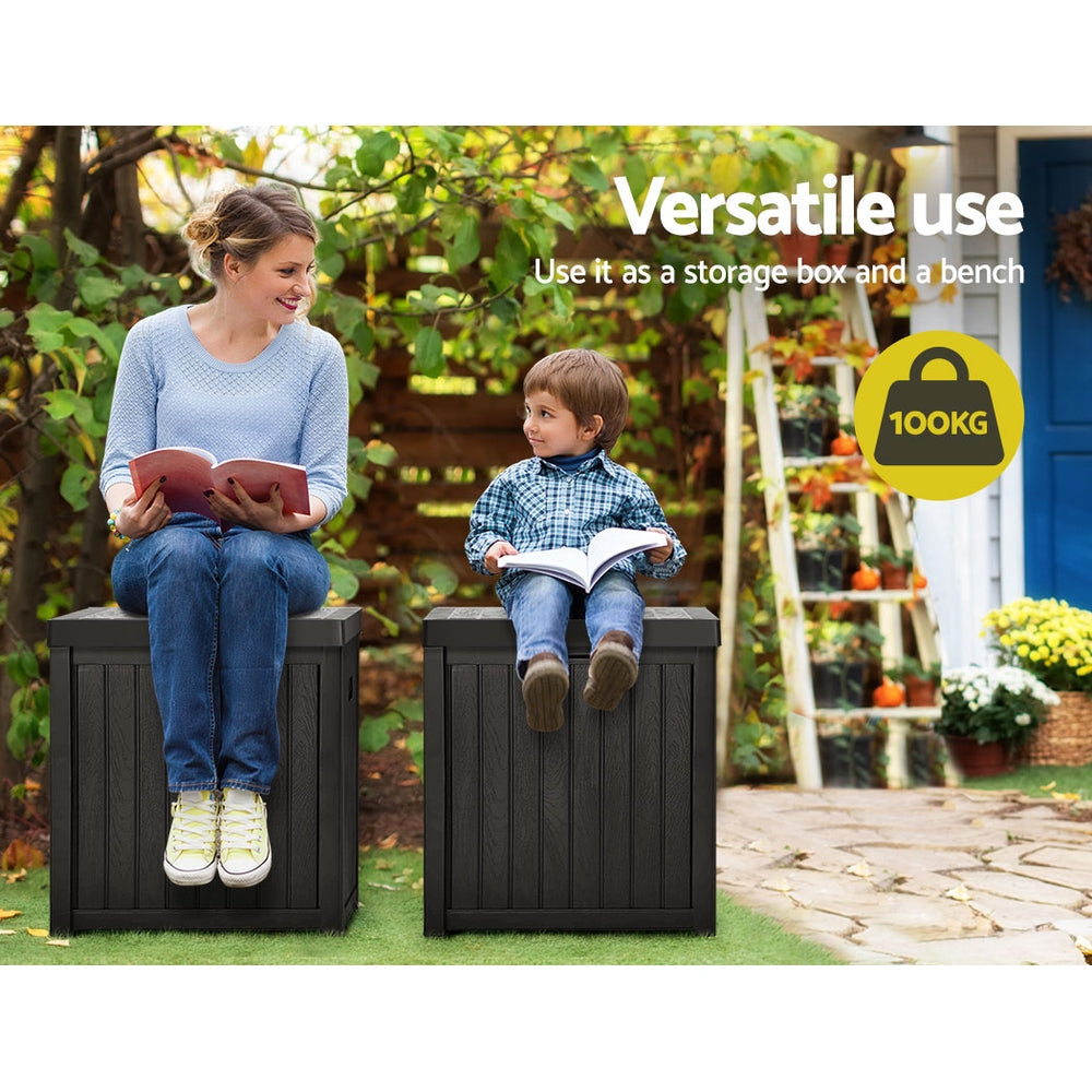 Black 195L outdoor storage box and garden bench made of weather-resistant heavy-duty plastic — view 4