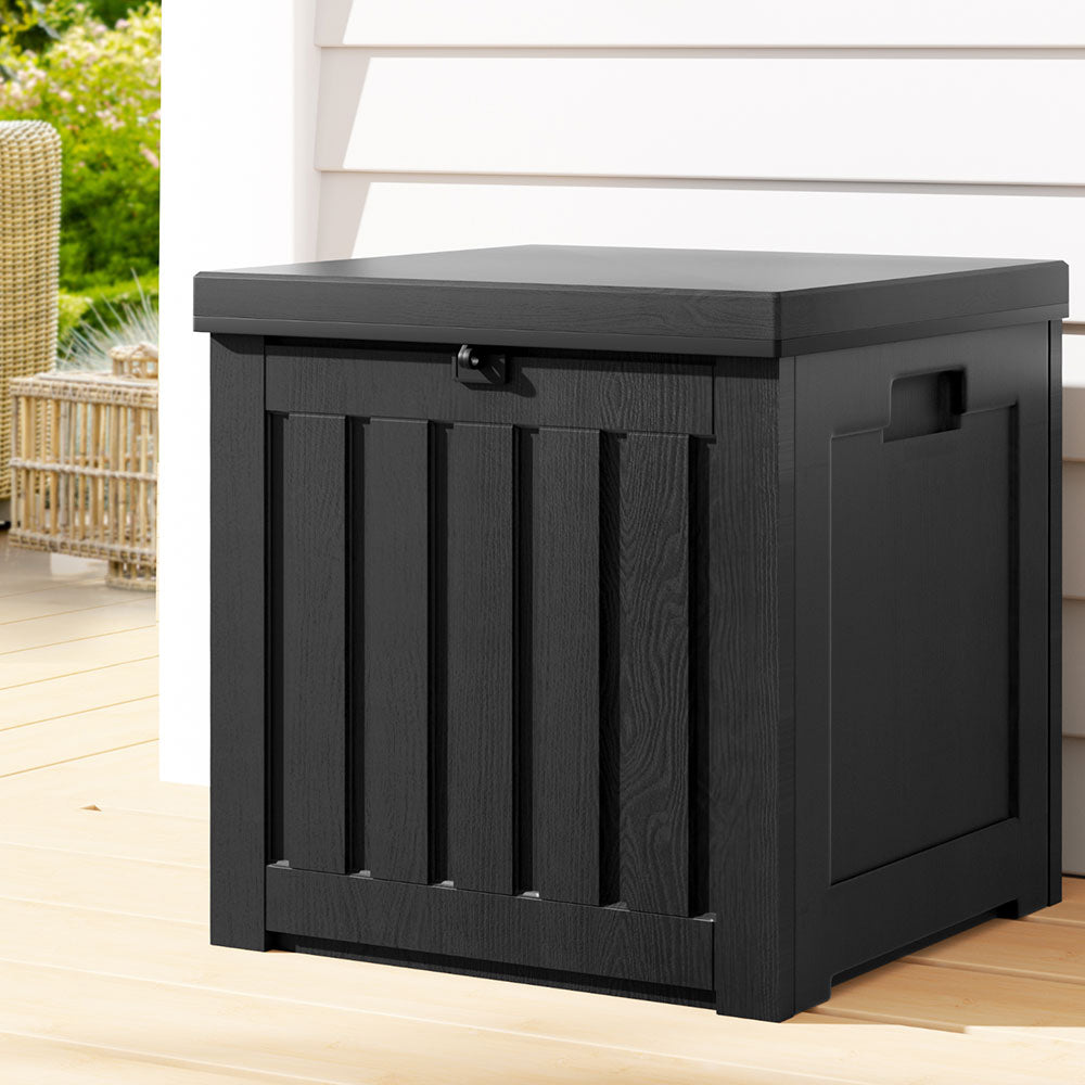 Black rattan-style 80L outdoor storage box and bench seat for garden and patio organization