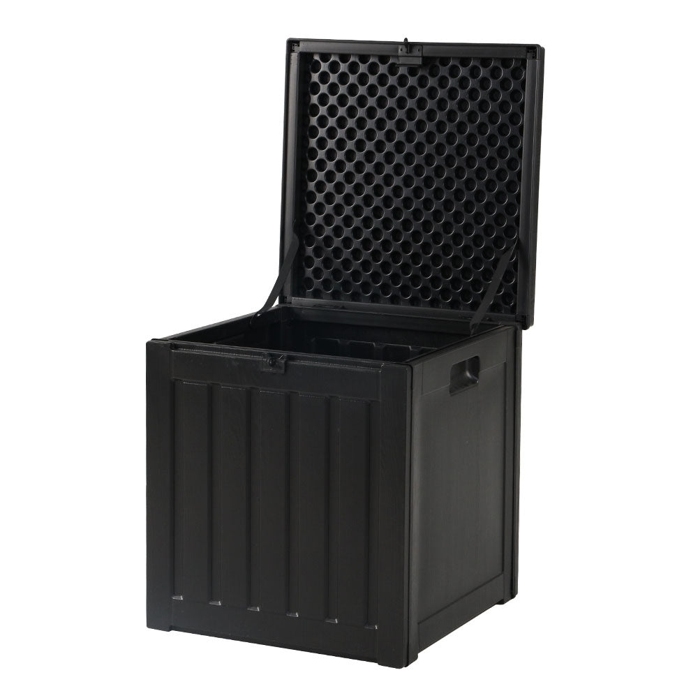 Black rattan-style 80L outdoor storage box and bench seat for garden and patio organization — view 3