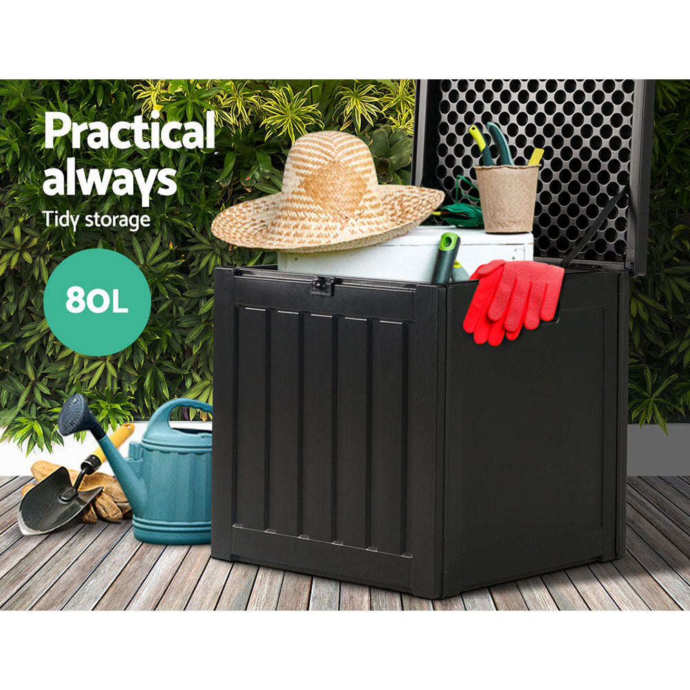 Black rattan-style 80L outdoor storage box and bench seat for garden and patio organization — view 4