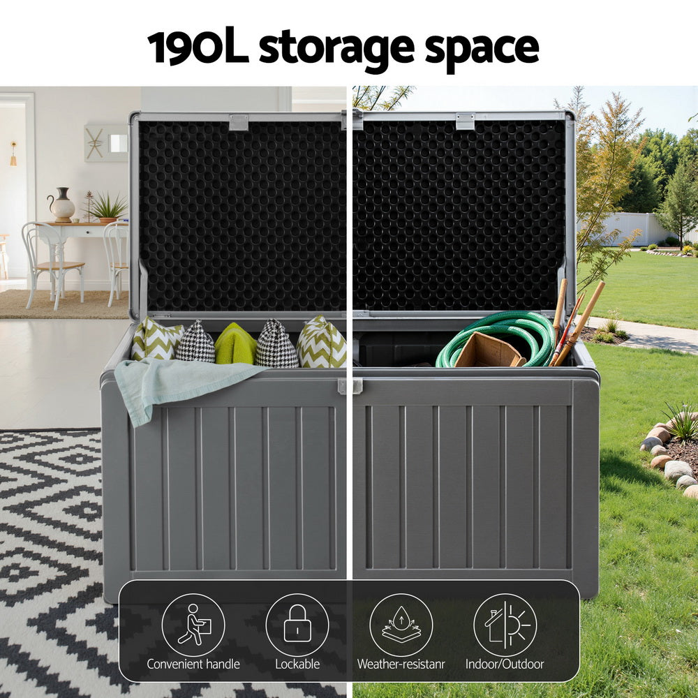 Black and grey 190L outdoor storage box and garden bench with lockable lid — view 4
