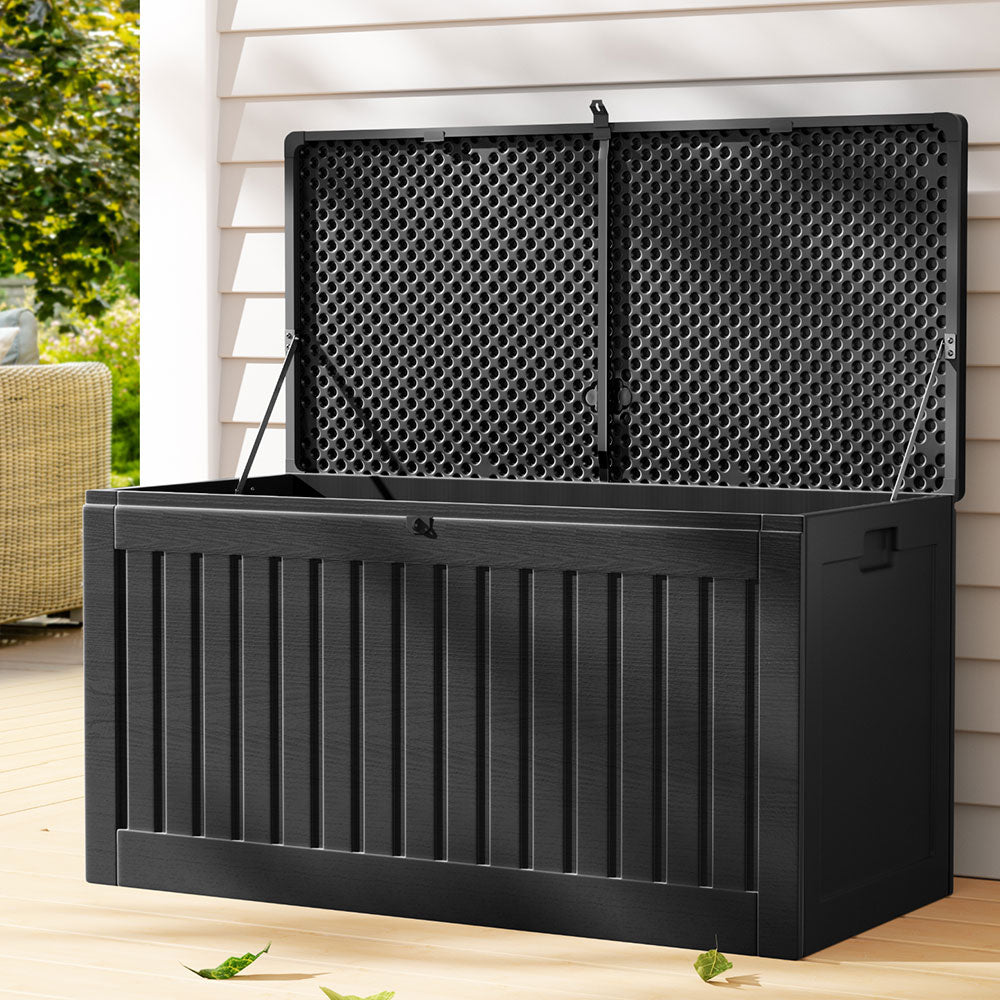 Black 270L outdoor storage box and garden bench made of weather-resistant polypropylene