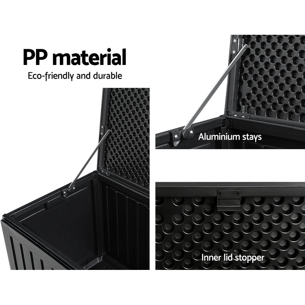 Black 270L outdoor storage box and garden bench made of weather-resistant polypropylene — view 5