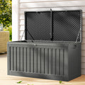 Grey and black Gardeon 270L outdoor storage box and garden bench made of weather-resistant plastic
