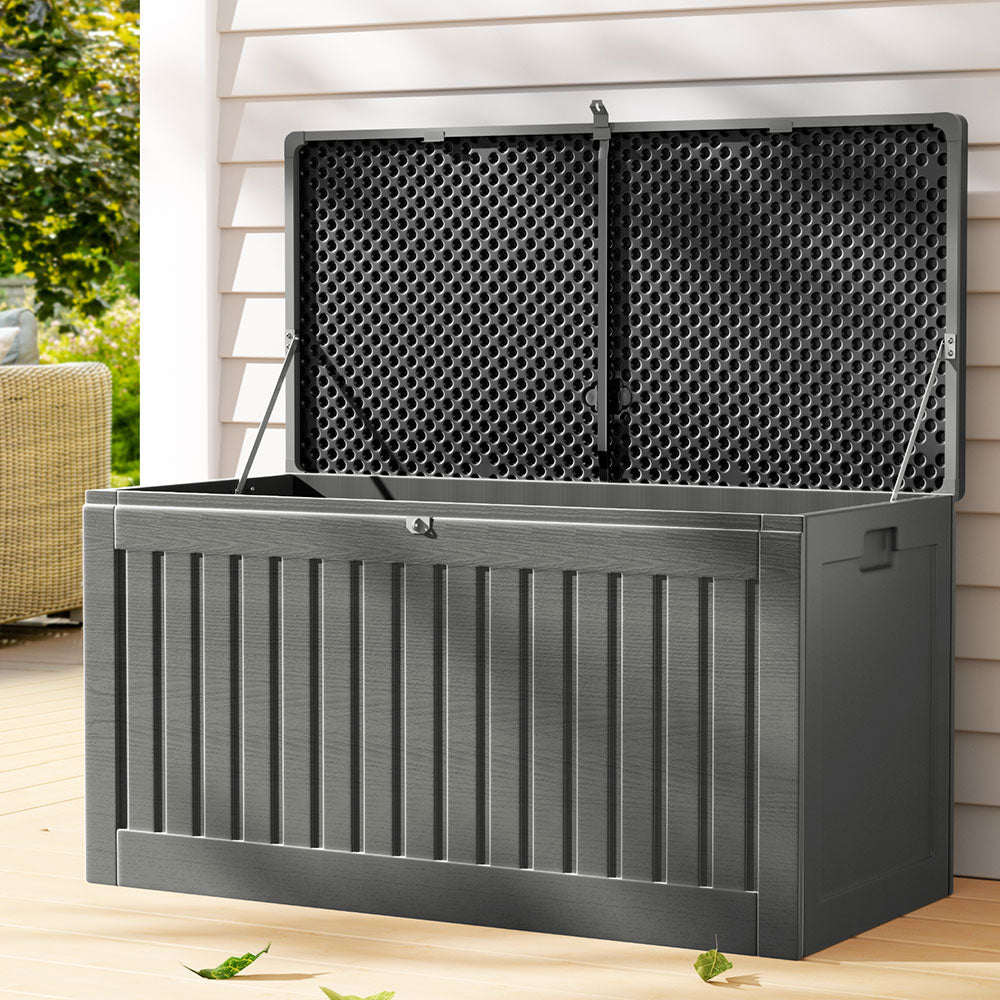 Grey and black Gardeon 270L outdoor storage box and garden bench made of weather-resistant plastic