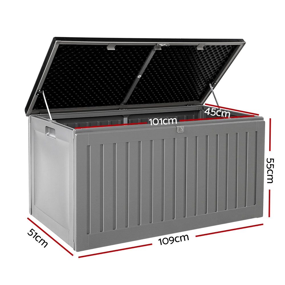 Grey and black Gardeon 270L outdoor storage box and garden bench made of weather-resistant plastic — view 2
