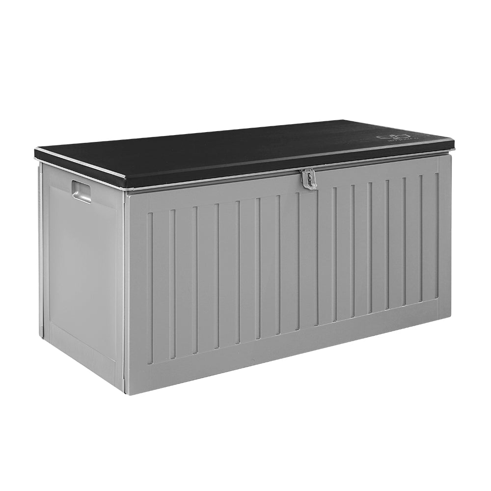 Grey and black Gardeon 270L outdoor storage box and garden bench made of weather-resistant plastic — view 3