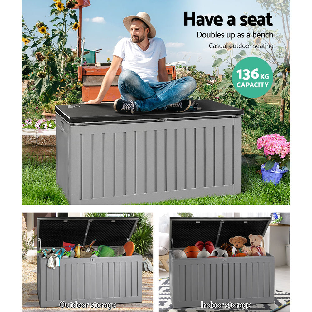 Grey and black Gardeon 270L outdoor storage box and garden bench made of weather-resistant plastic — view 4