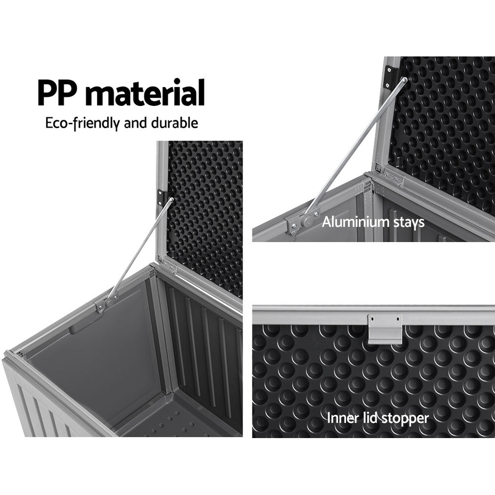 Grey and black Gardeon 270L outdoor storage box and garden bench made of weather-resistant plastic — view 5