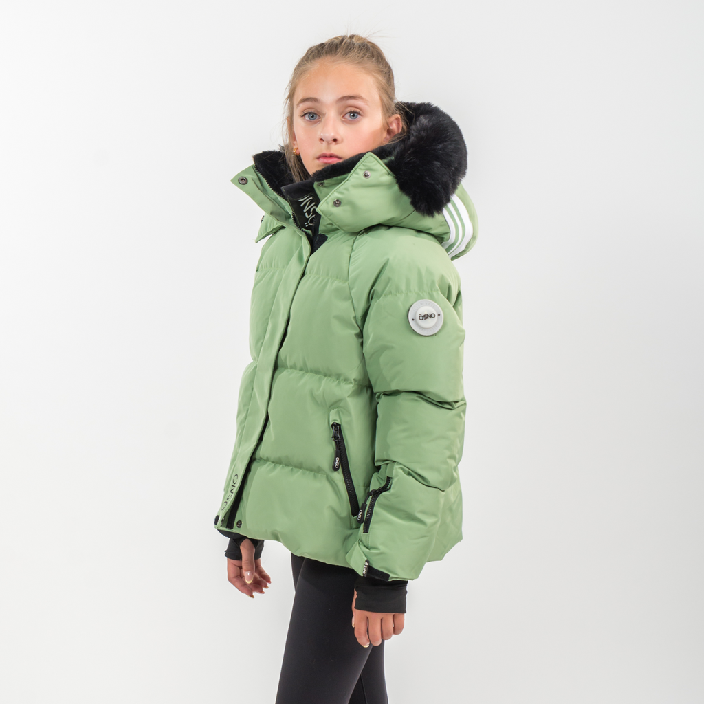 Green girls cropped ski jacket and snow pants winter set with black fur hood