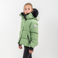 Green girls cropped ski jacket and snow pants winter set with black fur hood