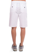 Men's navy blue stretch cotton chino Bermuda shorts with back pockets and embroidered logo.